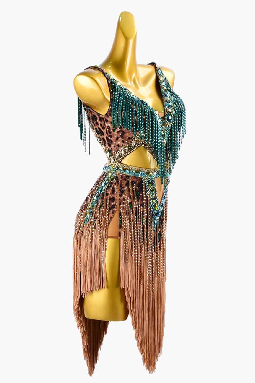 Sienna Leopard Print Backless Latin Dress with Sea Green Stone Fringes, Fringes, and Rhinestones image 3