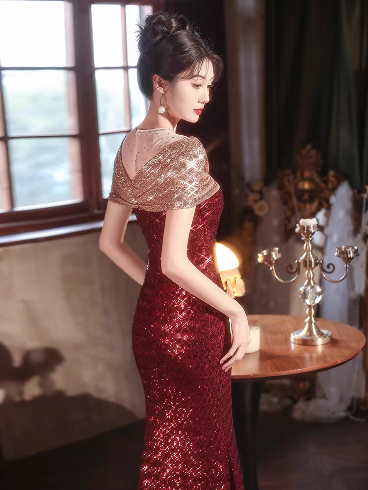 Bailebelle Fashion New Design Red for Women Off Shoulder Banquet Host Engagement Toast Long Length Mermaid Evening Dress Red Rose, Silver image 13
