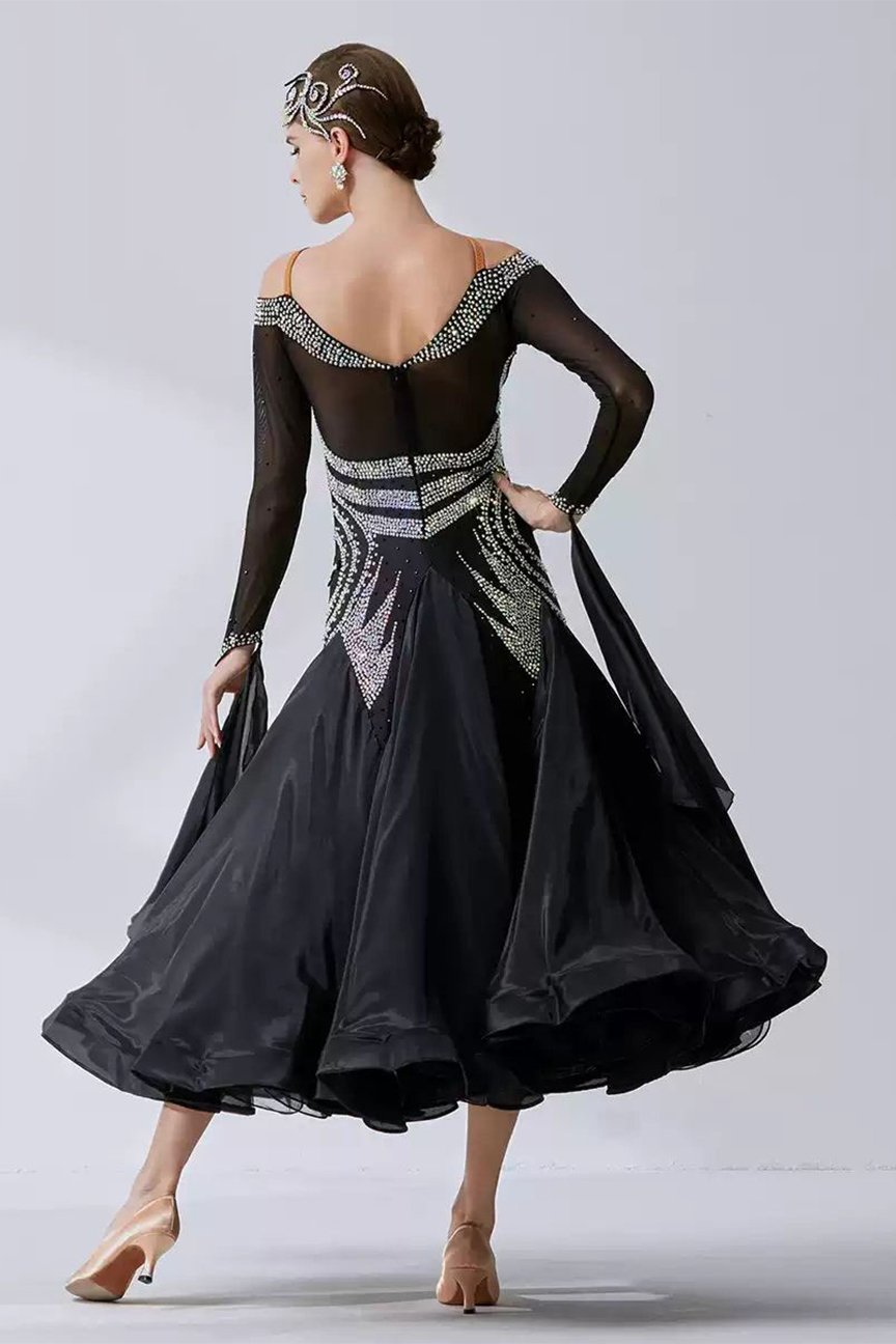 Bailebelle Fashion new national standard modern dance costume big swing dress performance custom diamond sticking Black, Silver image 1