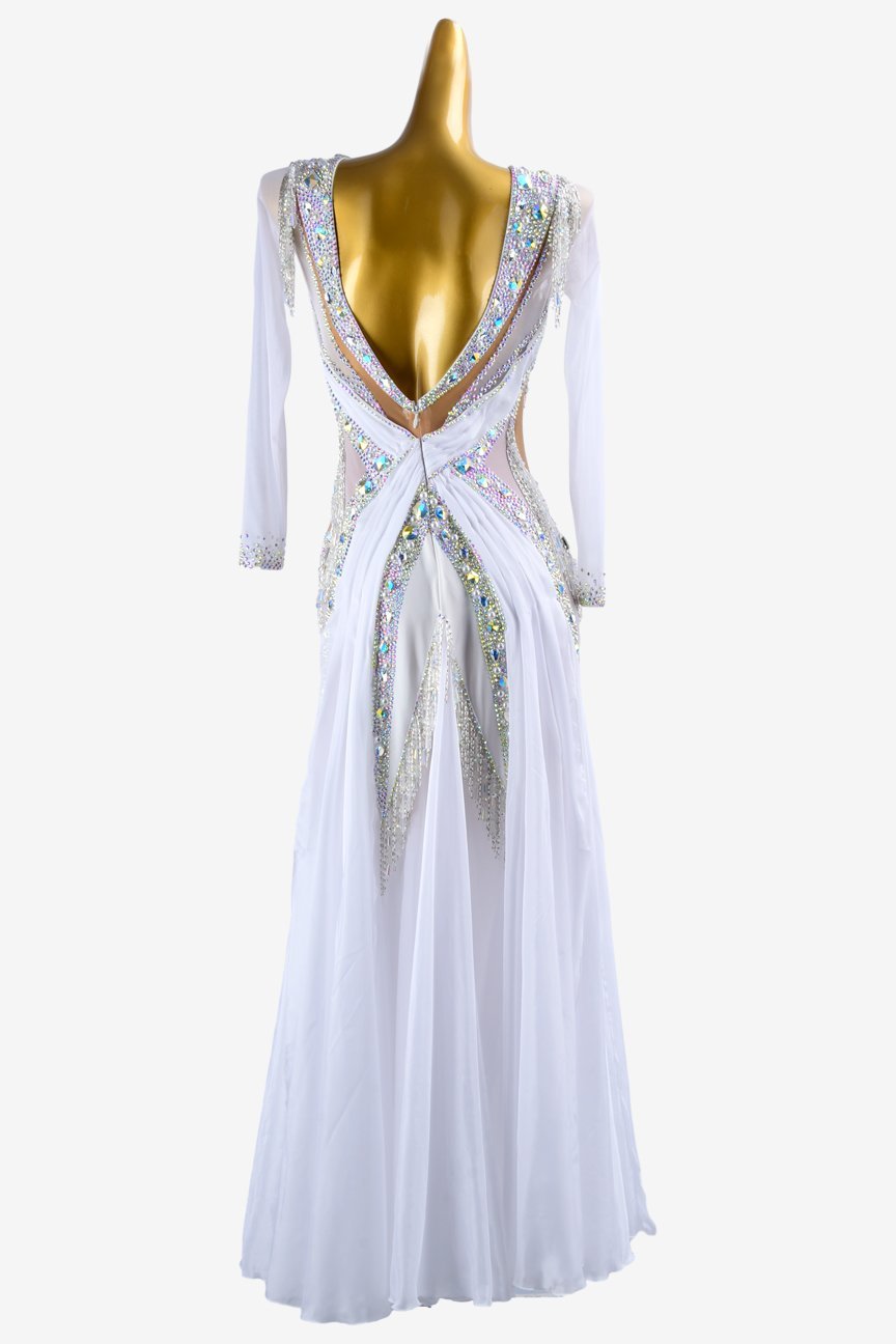 White mesh Standard dress with silver beaded fringes, beadings, AB crystals & sew-on stones image 3