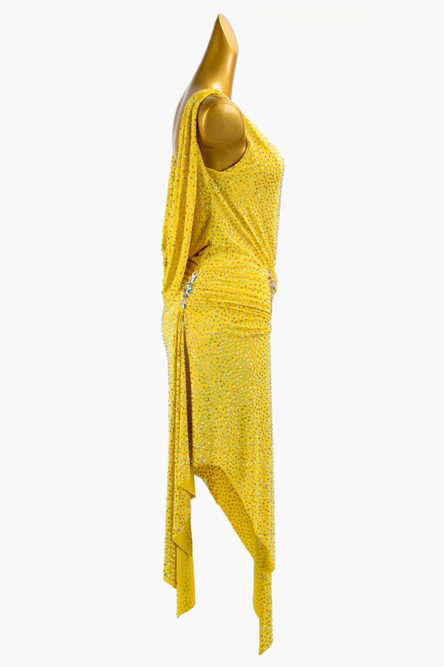 Gold Yellow Lustre Lycra Latin Dress with Full Crystal and White AB Sew-On Stones image 3