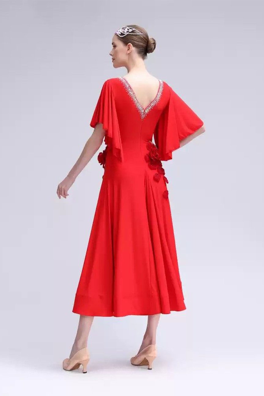 Bailebelle Fashion professional national standard modern dance one-piece practice dress with appliques and diamonds, large swing skirt customization Red image 0