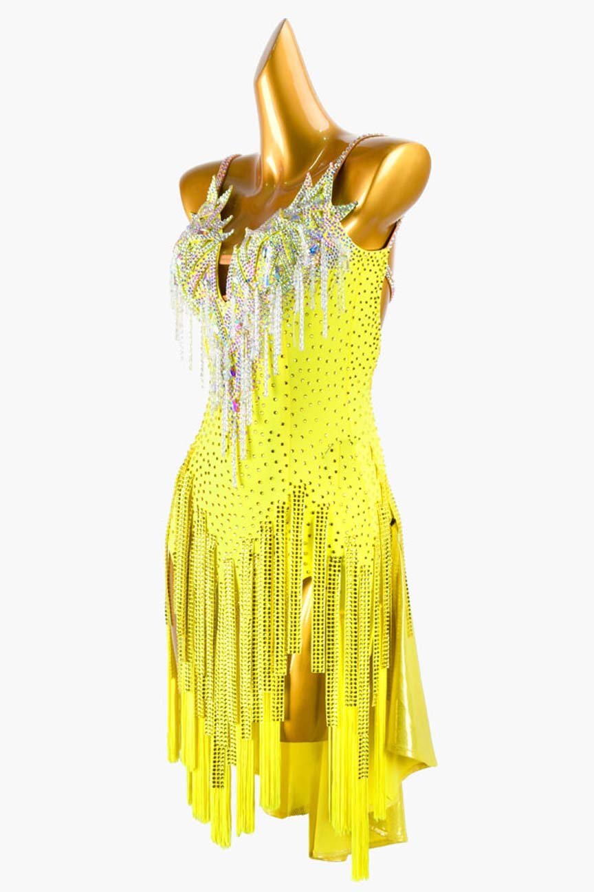 Yellow Lustre Lycra Backless Latin Dress with Stone Fringes and White Beaded Fringes image 2