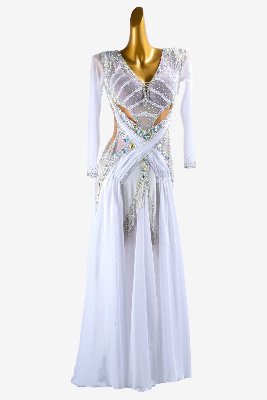 White mesh Standard dress with silver beaded fringes, beadings, AB crystals & sew-on stones image 0