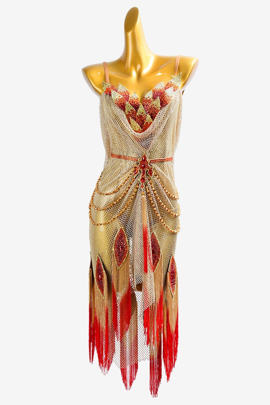 Gold crystal fishnet Latin dress with red & fleshtone fringes, gold beadings and crystals image 0