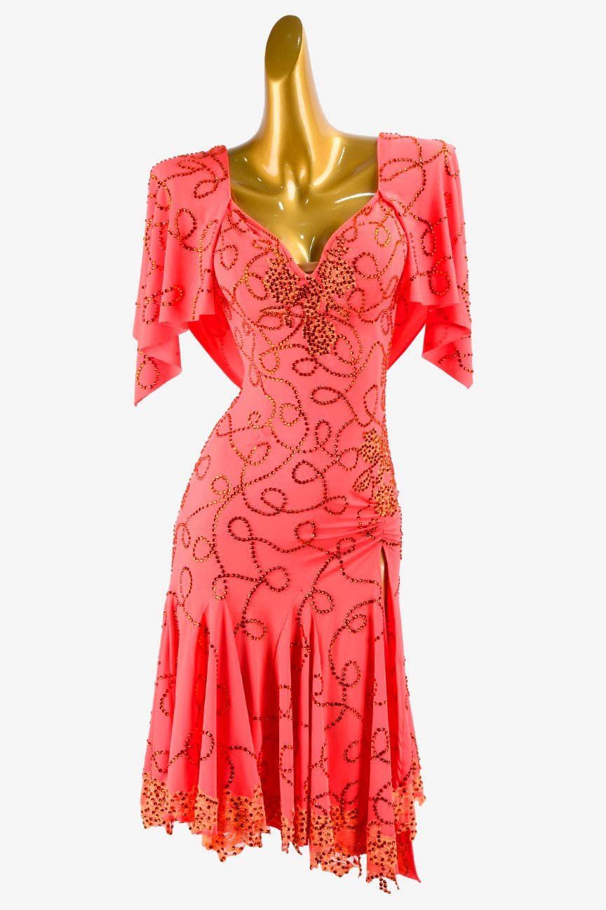 Orange Red Lustre Lycra Latin Dress with Ruching, Draping, Coral Rhinestone Lines, and Lace image 0