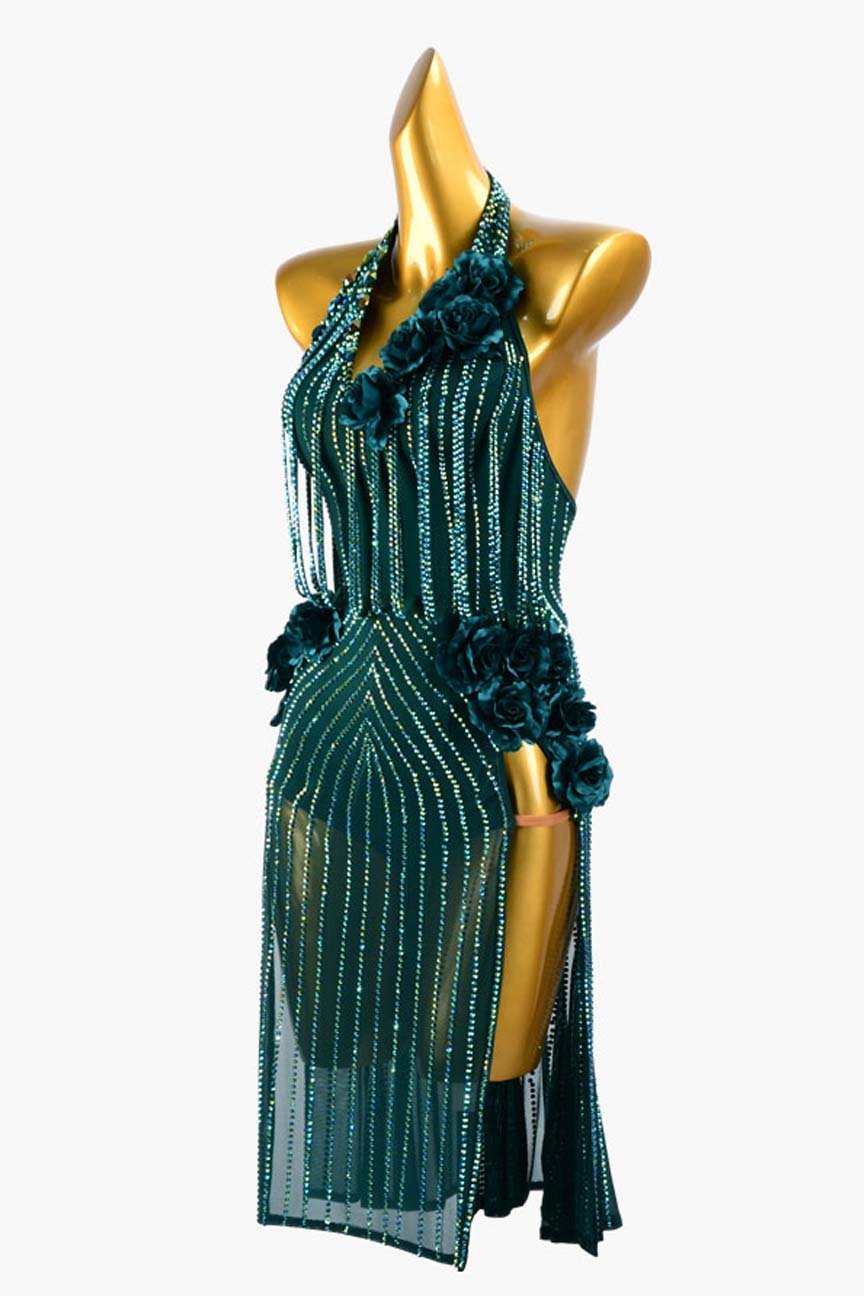 Malachite Green Mesh Latin Dress with Stone Fringes, Flower Appliqué, and Rhinestones image 2
