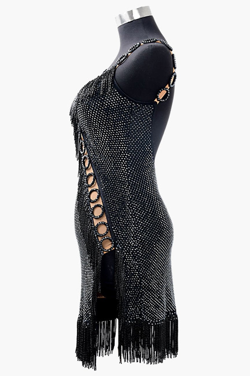 Black matt lycra Latin dress with crystals fishnet, beaded fringes & rhinestones image 2