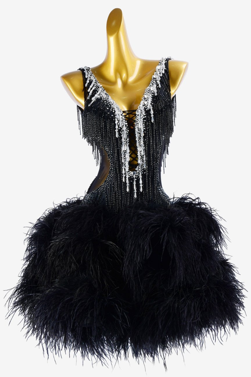 Black lycra Latin dress with sheer beadings, beaded fringes, feathers & rhinestones image 0