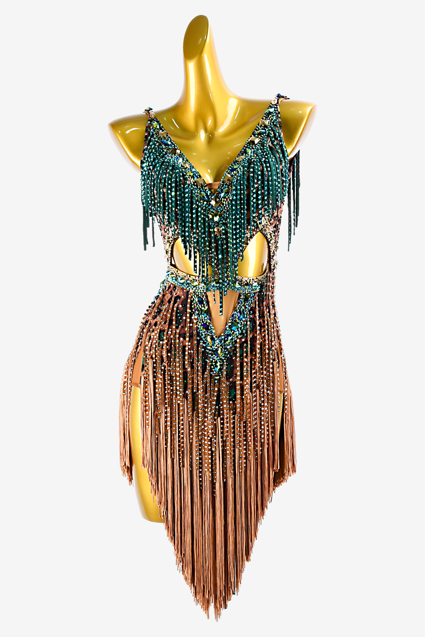 Sienna Leopard Print Backless Latin Dress with Sea Green Stone Fringes, Fringes, and Rhinestones image 0