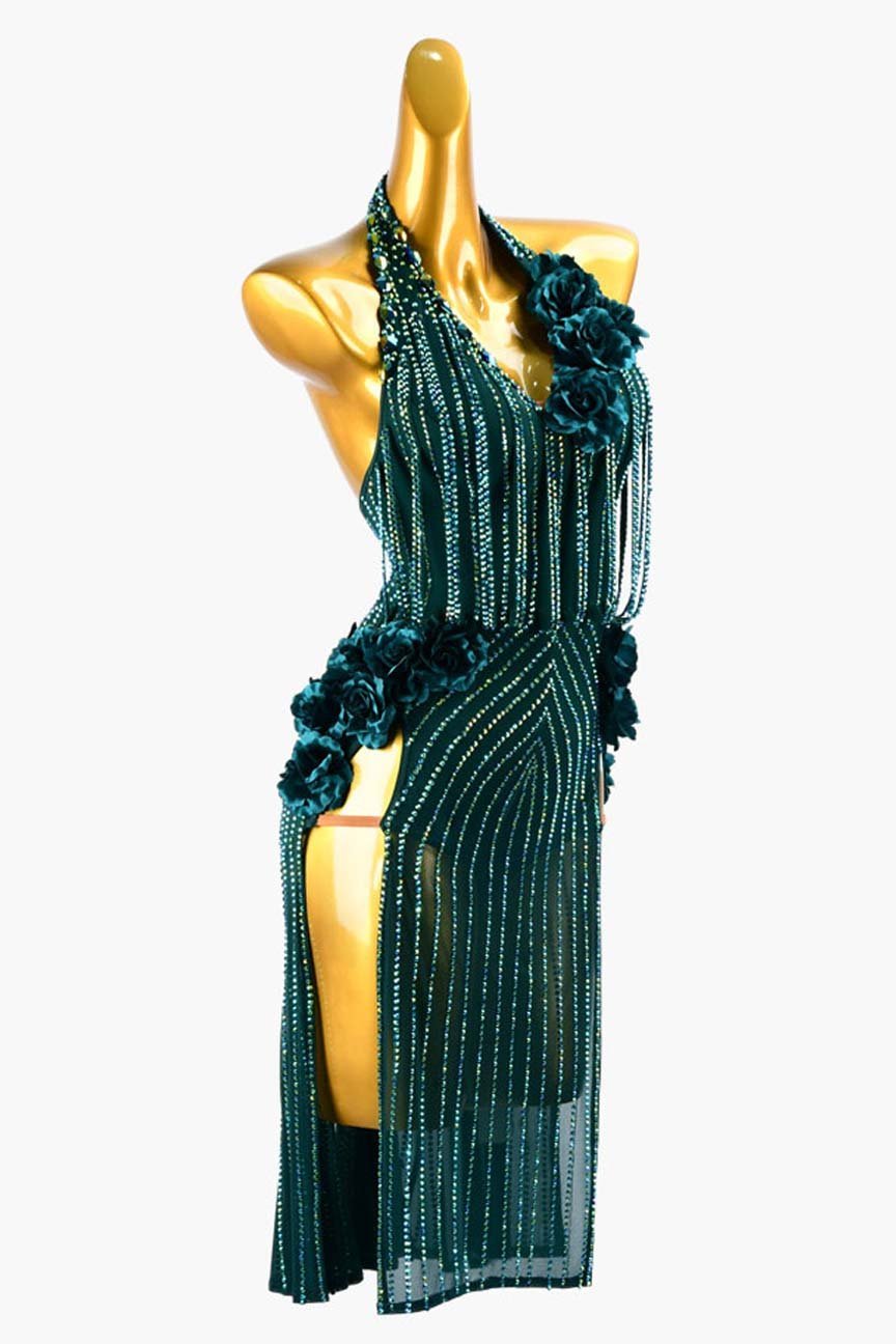 Malachite Green Mesh Latin Dress with Stone Fringes, Flower Appliqué, and Rhinestones image 3