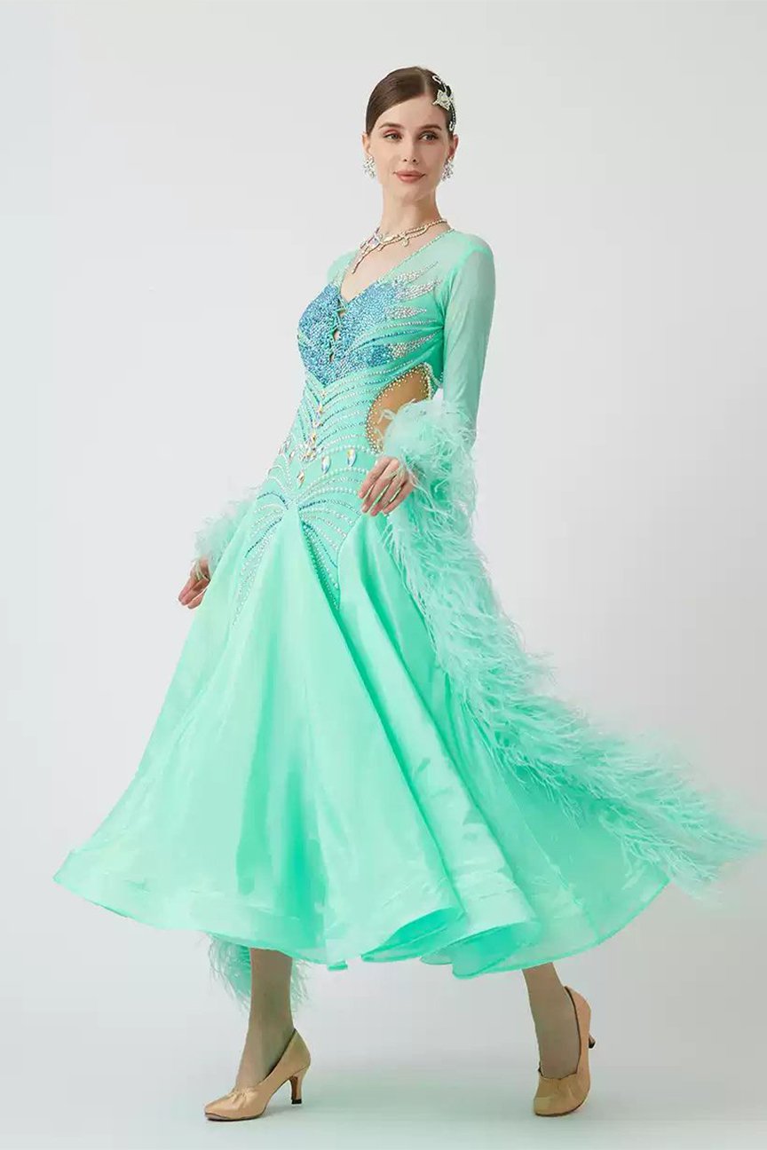 Bailebelle Fashion new ostrich feather floating pearl silk international standard dance modern dance performance uniform Light Green image 2