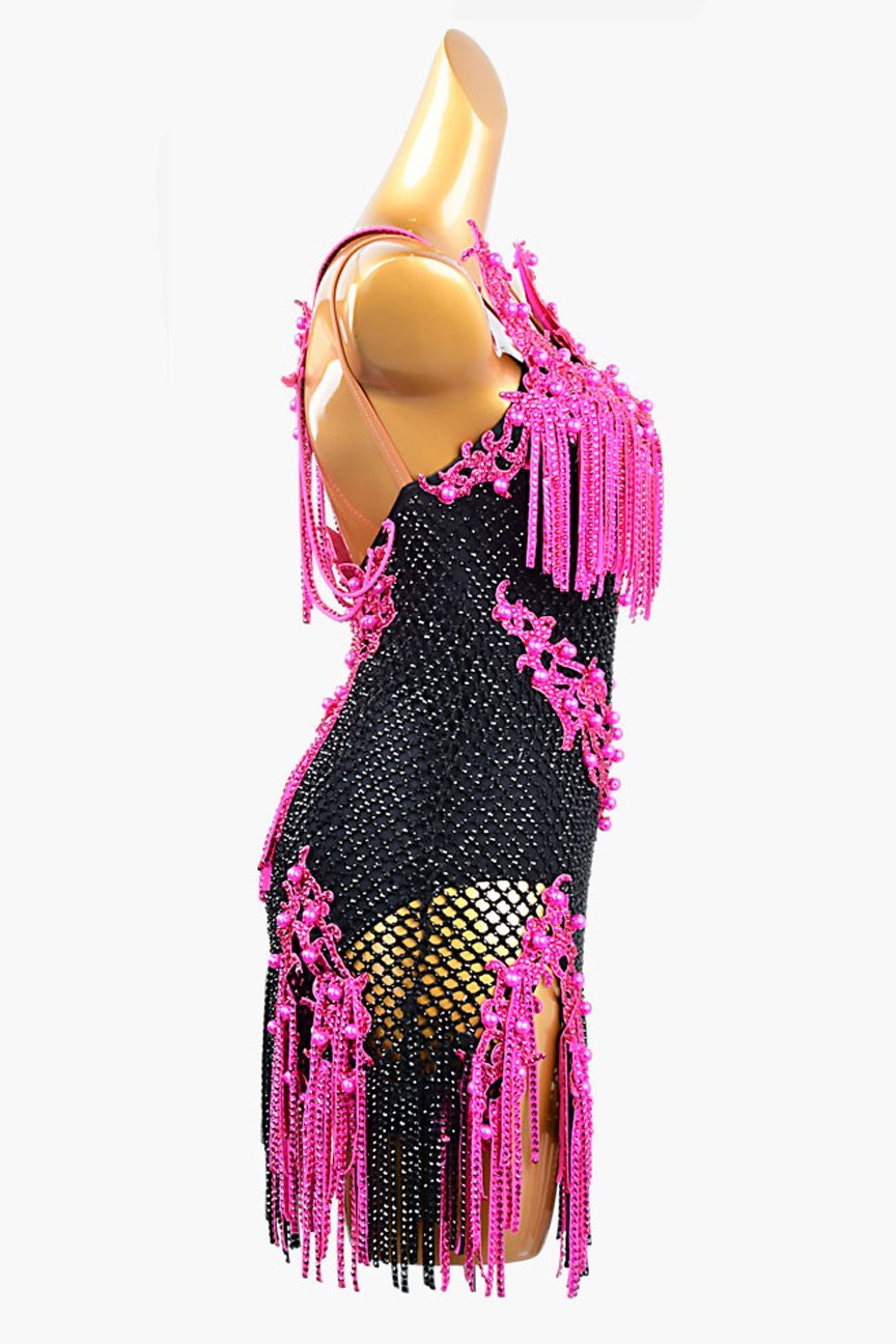 Black Latin dress with crystal fishnet, lace appliqués, rhinestones, cerise stone fringes & beadings image 1