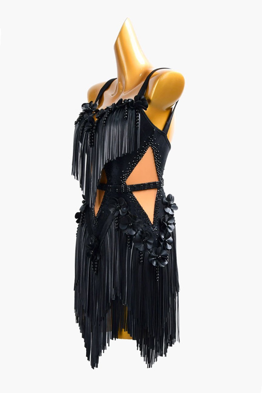 Bailebelle Fashion Black Latin dress with appliqués, rhinestones, PU leather fringes & beadings image 3