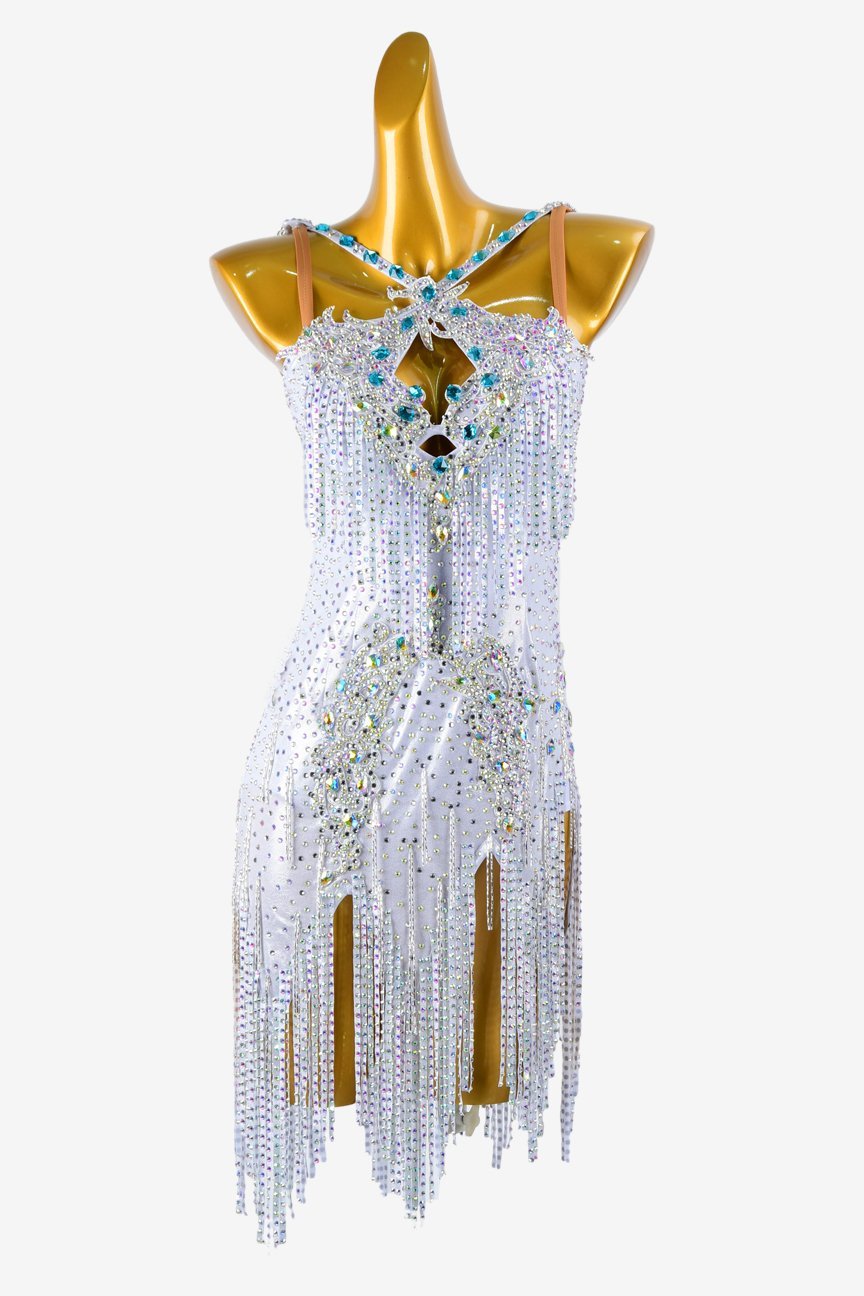 Silver dot shine lycra Latin dress with stone fringes, white beaded fringes, crystal AB & cyan sew-on stones image 0