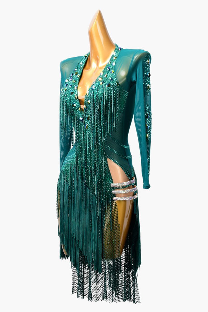 Navy blue Latin dress with stone fringes, fishnet,crystal AB and fringe image 2