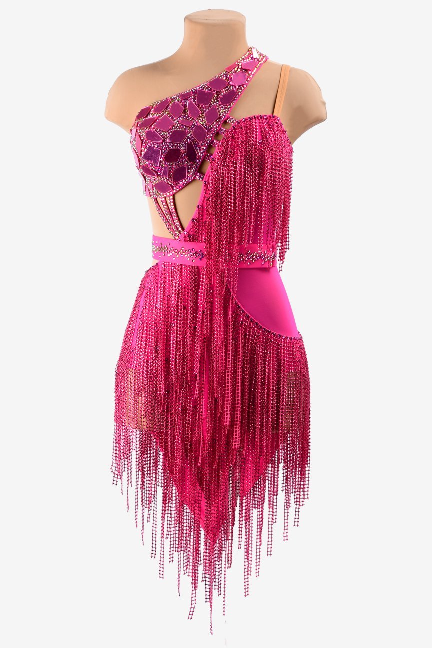 Carmine matt lycra Latin dress with crystal fishnet fringes, mirror stones and rhinestones image 0
