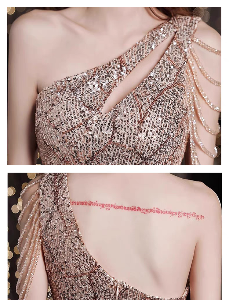 Bailebelle Fashion One shoulder fishtail evening dress for women, Sequined fishtail evening dress for women | 2025 new banquet temperament long tassel dress Gold, Black image 0