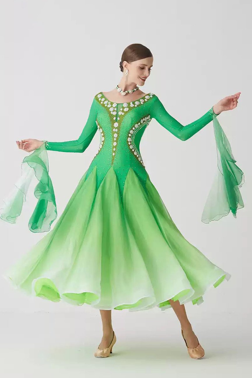 Bailebelle Fashion new national standard modern dance performance competition costume big swing dress ballroom dance skirt Green image 0