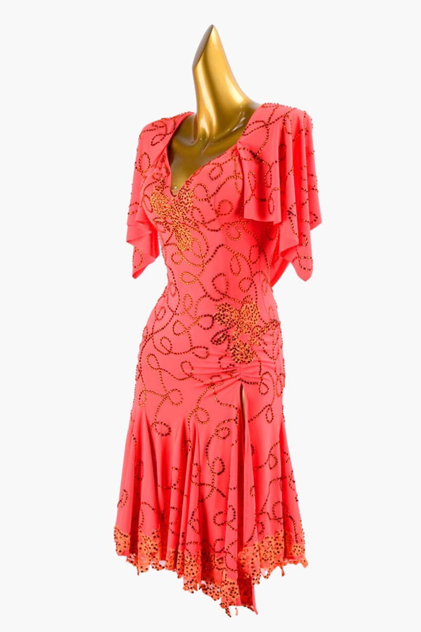 Orange Red Lustre Lycra Latin Dress with Ruching, Draping, Coral Rhinestone Lines, and Lace image 2