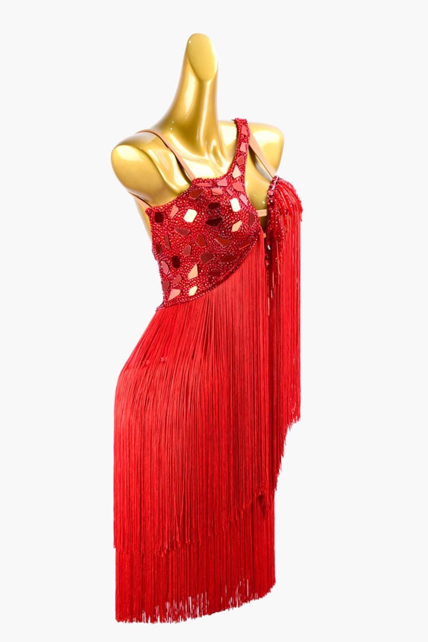 China Red Matte Lycra Latin Dress with Beaded Fringes, Mirror Stones, Rhinestones, and Fringes image 3