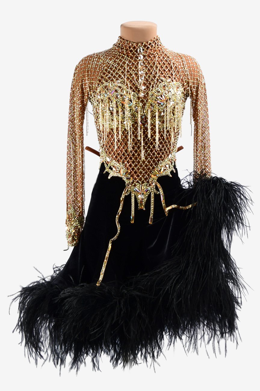 Fleshtone crystal fishnet Latin dress with black underskirt & feathers, gold beaded fringes & lace appliqués image 0