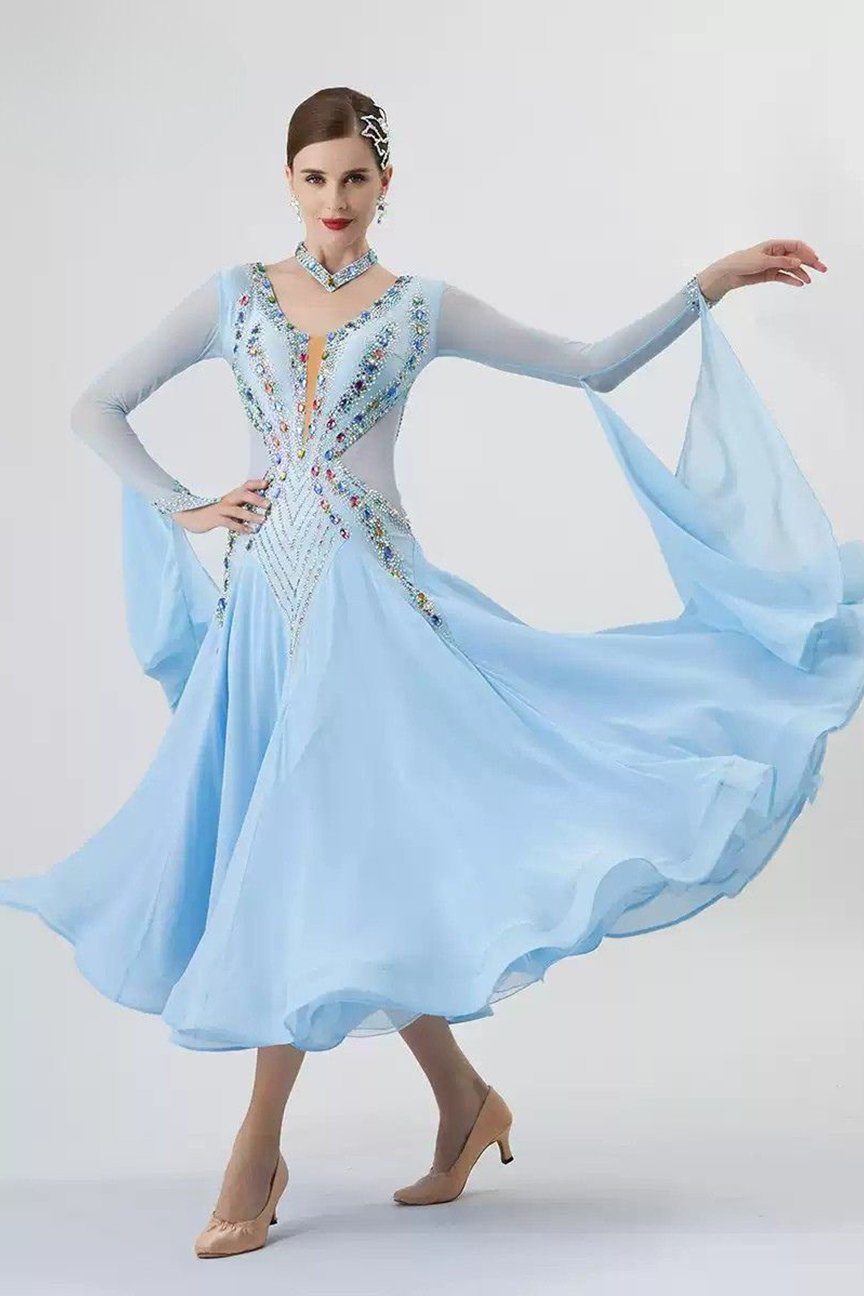 Bailebelle Fashion national standard modern dance skirt performance competition dress ballroom dance waltz dress Skyblue image 0