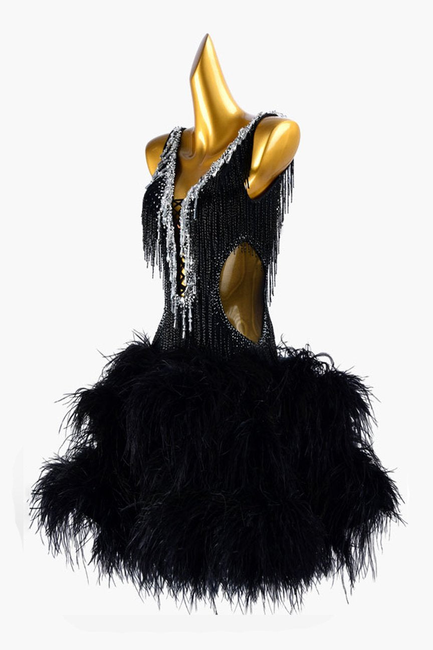 Black lycra Latin dress with sheer beadings, beaded fringes, feathers & rhinestones image 2