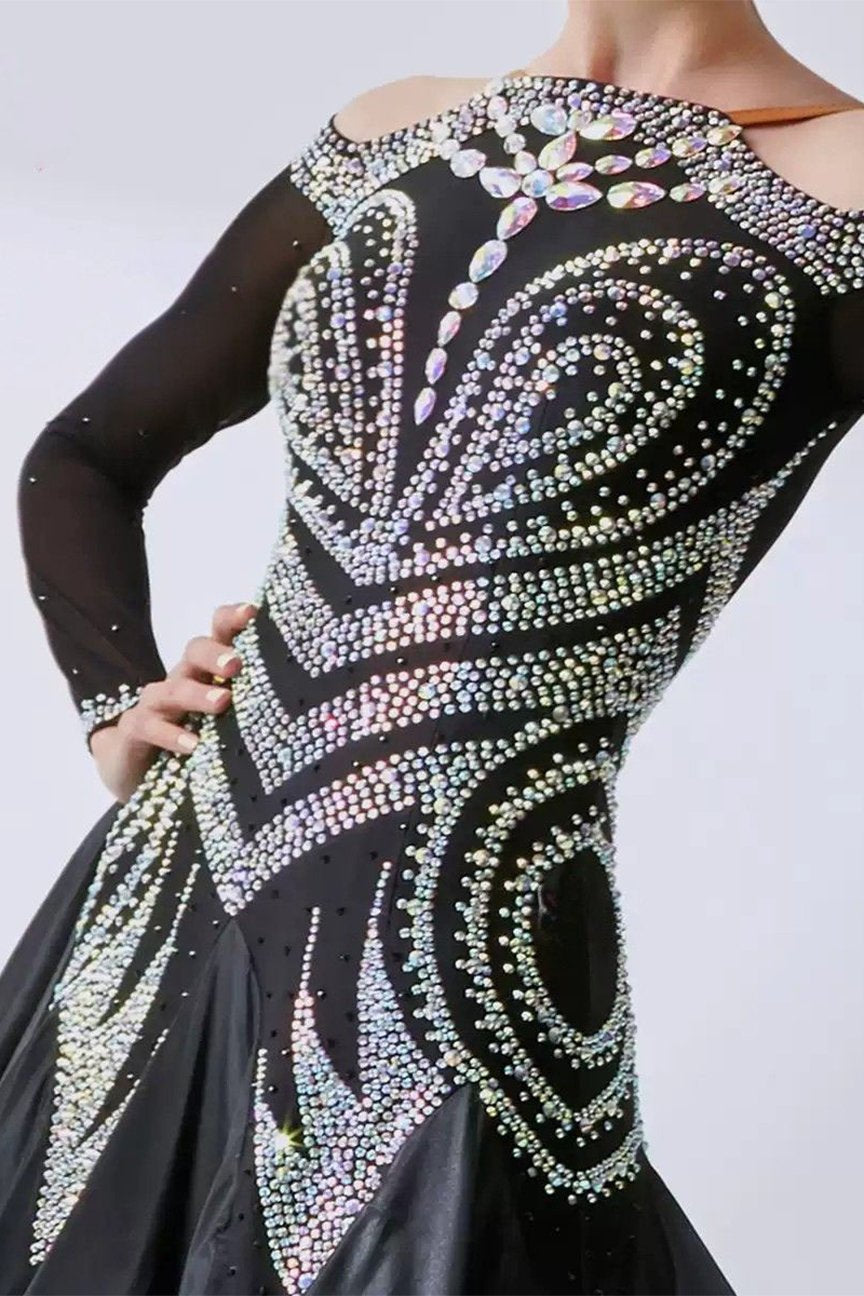 Bailebelle Fashion new national standard modern dance costume big swing dress performance custom diamond sticking Black, Silver image 2