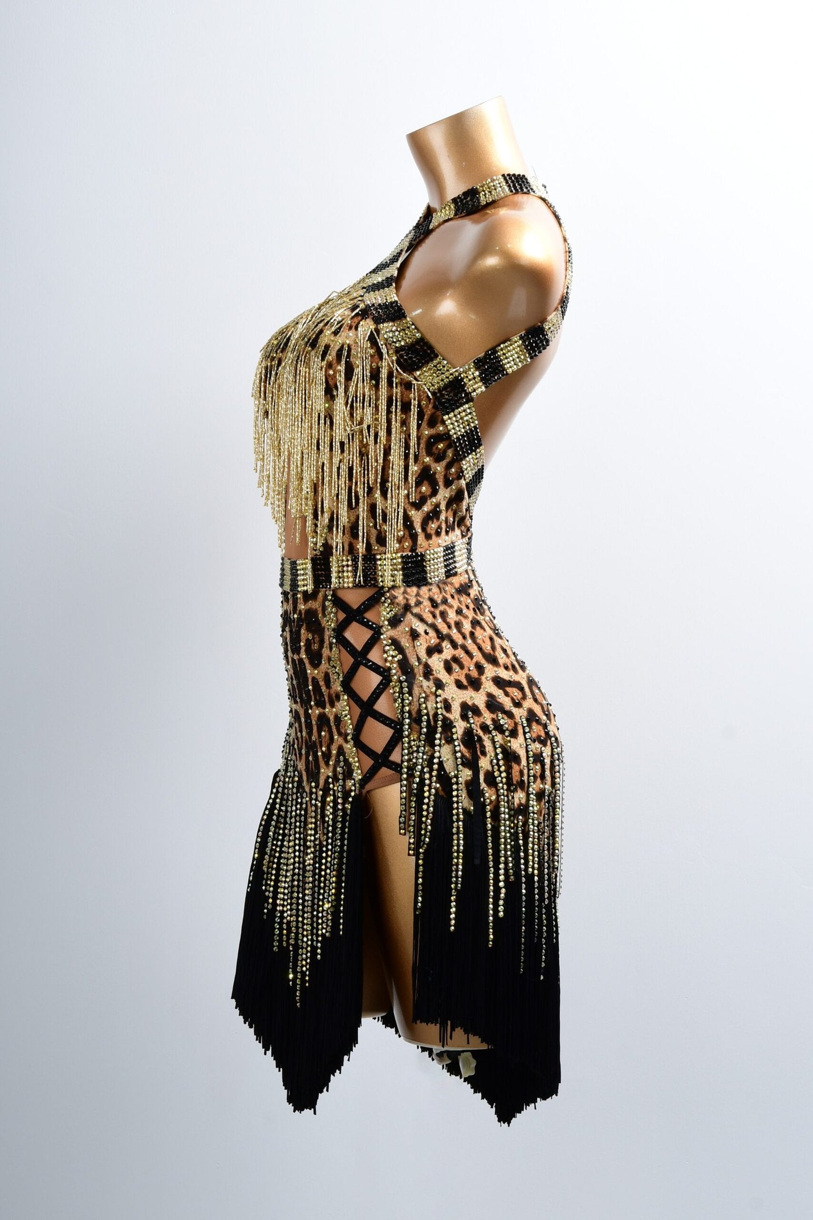 Leopard Print & Gold Beaded Fringe Latin Dress image 3