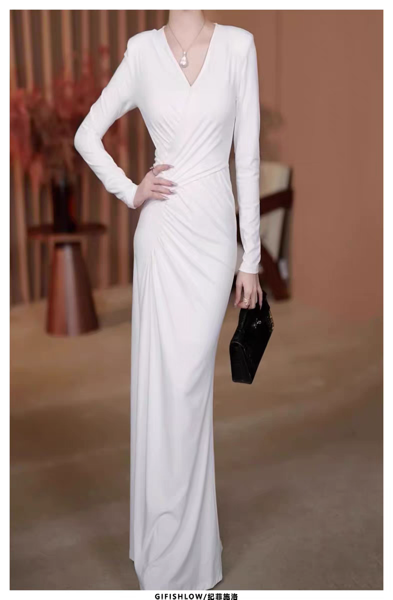Bailebelle Fashion White V neck long sleeved dress for women autumn and winter 2024 new French sexy waist hip skirt temperament long skirt white image 4
