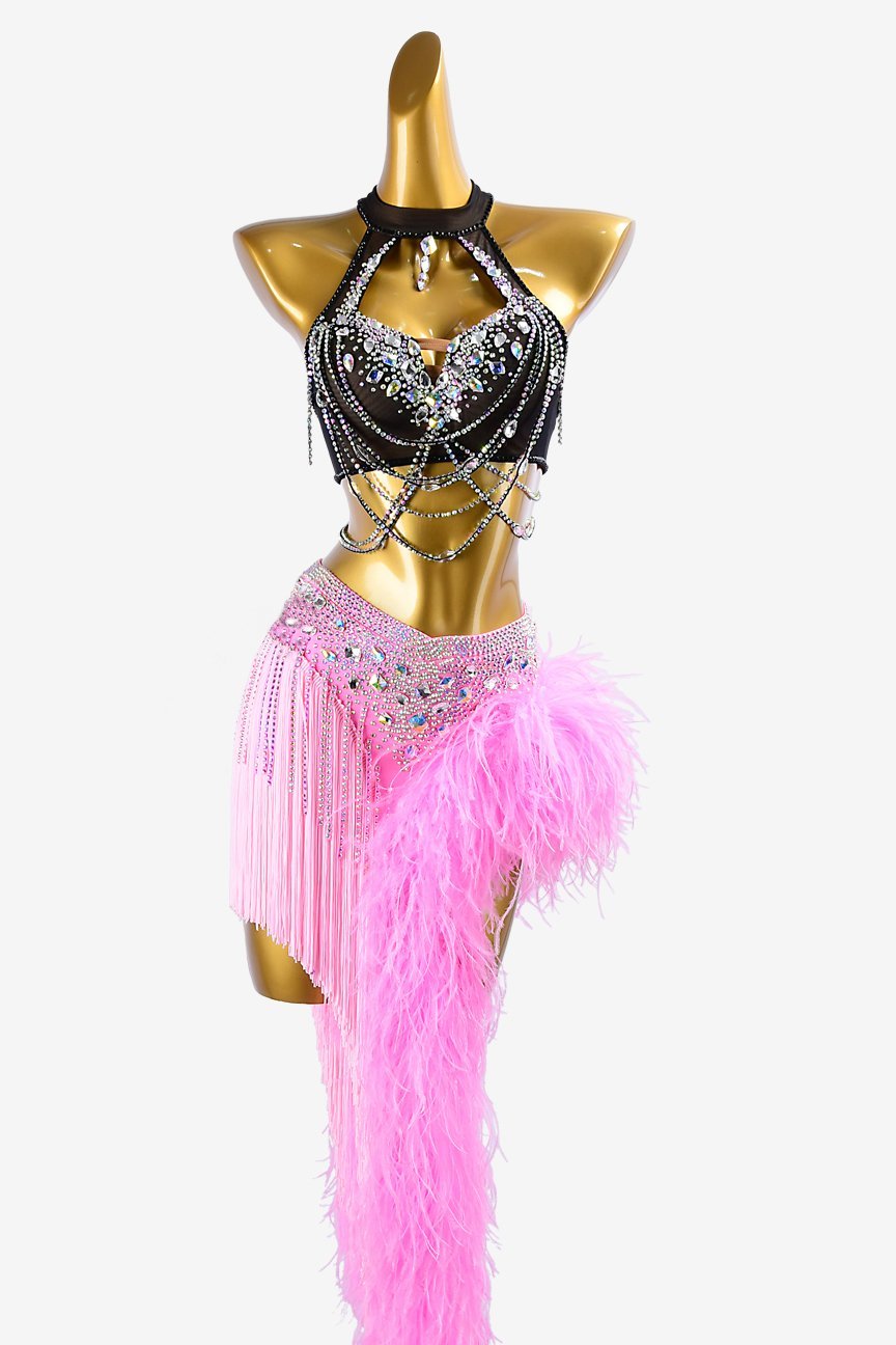 Black mesh Latin dress with bright pink underskirt stone fringes, fringes, feathers & AB stones image 0