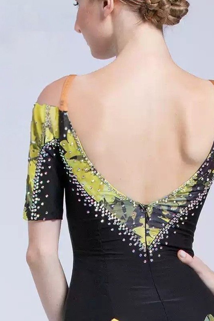 Bailebelle Fashion Dance practice skirt adult female printed dress slim practice national standard dance dress Black, Yellow image 2