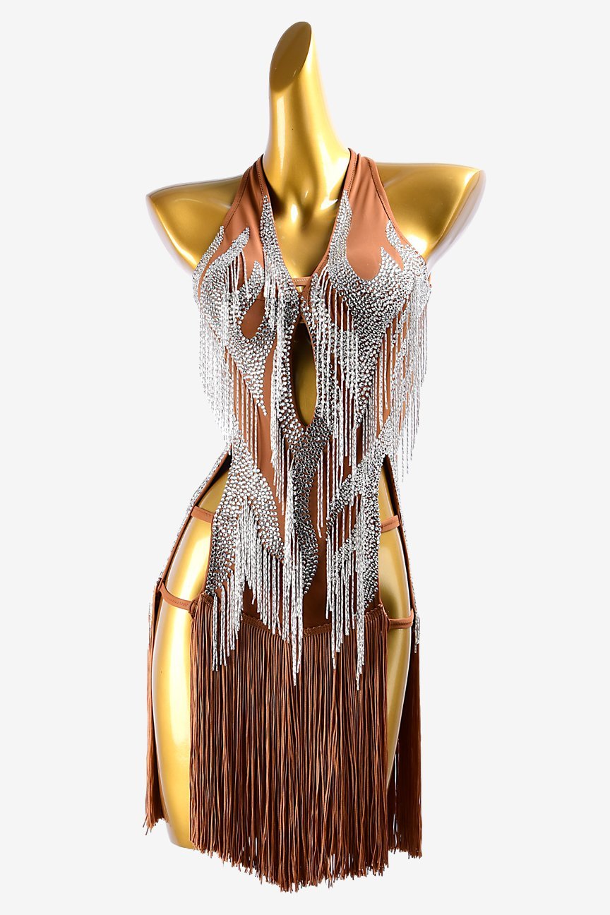 Fleshtone matt lycra Latin dress with silver beaded fringe, silver crystal & brown fringe image 0