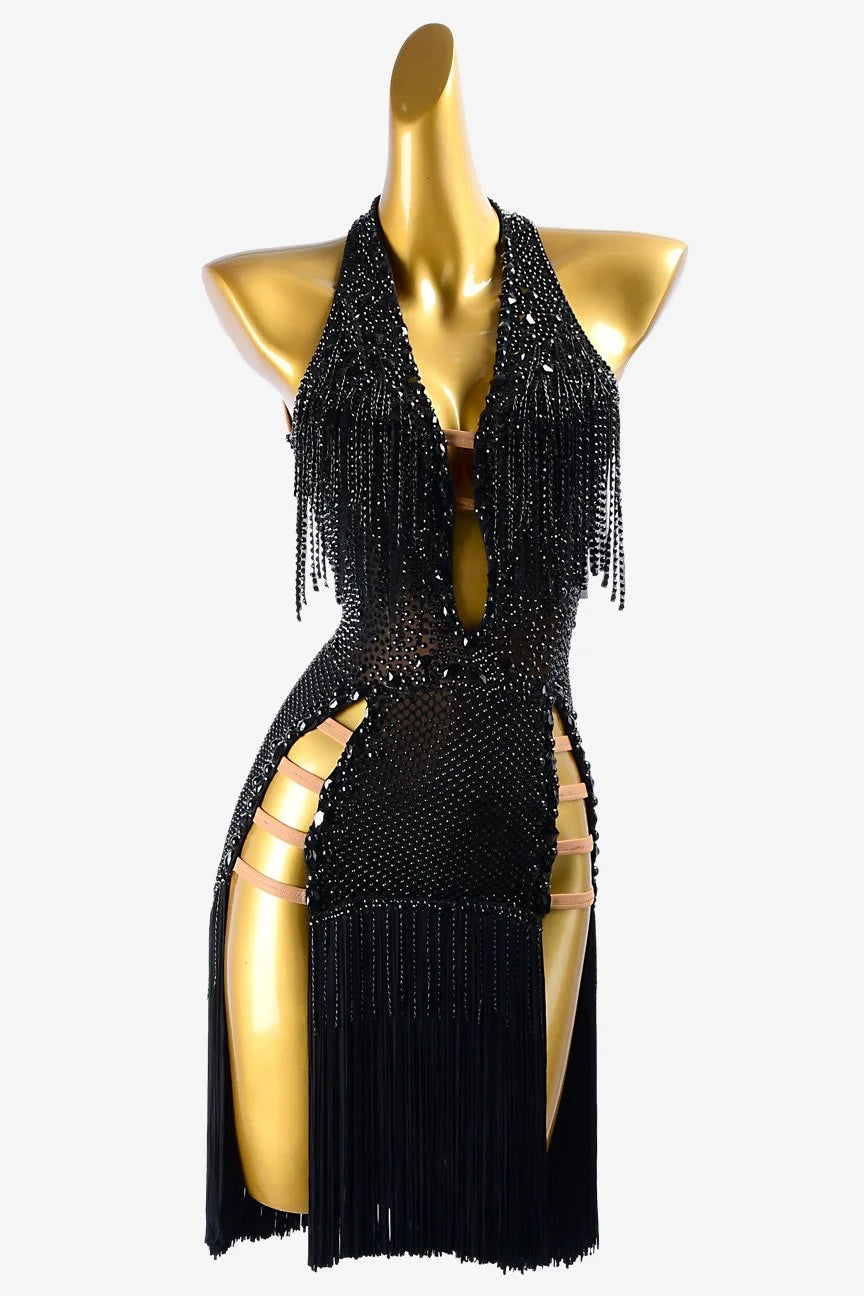 Black mesh Latin dress with crystal fishnet underskirt, beaded fringes, rhinestones & fringes image 0