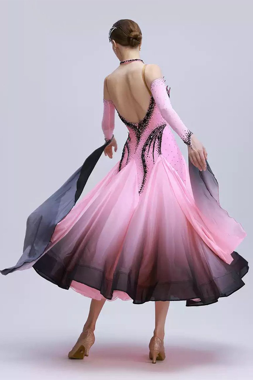 Bailebelle Fashion rhyme dance gradient color pearl silk national standard modern dance competition suit big swing performance suit custom ballroom dance skirt Black, Pink image 1