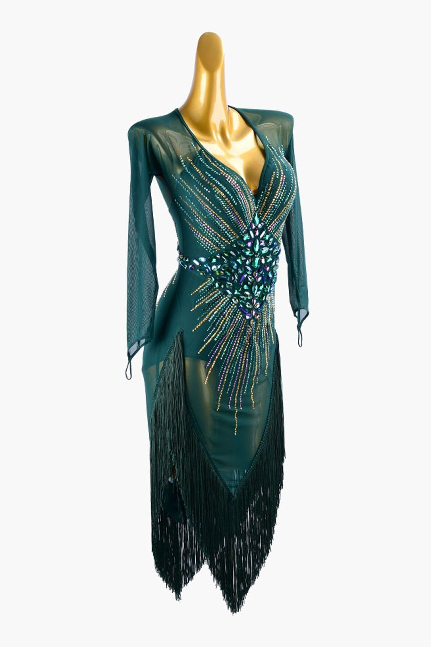 Malachite green mesh Latin dress with fringes, AB sew-on stones & rhinestones image 1