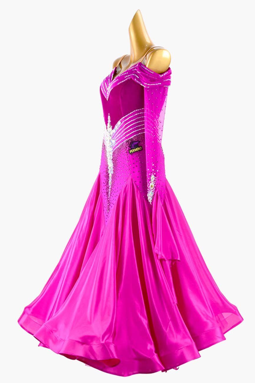 Dark Magenta Velvet and Lycra Splicing Ballroom Dress with Pearl Chiffon Underskirts and Mesh Accents image 3