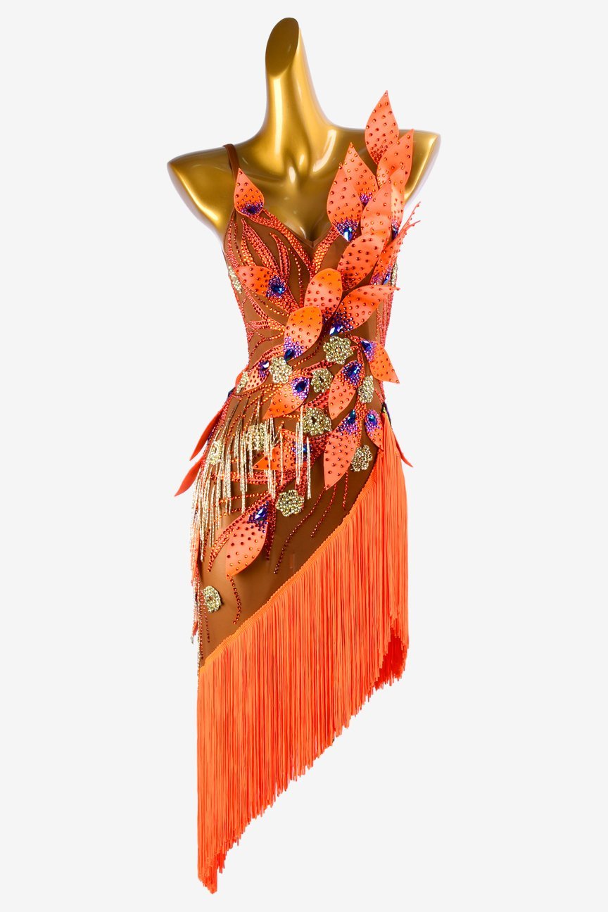 Sun oranger Latin dress with rhinestone appliques, beaded fringes, fringes & crystals image 0