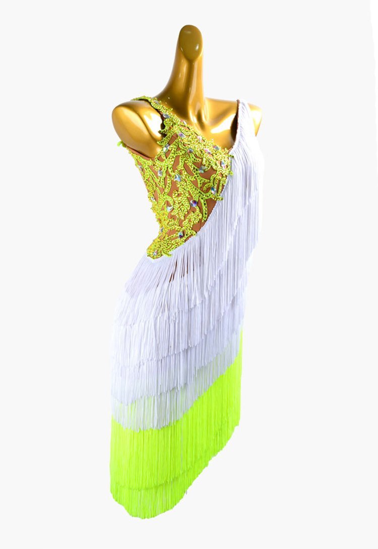 White and yellow Latin dress with fringes, lace appliqués and rhinestone AB image 2