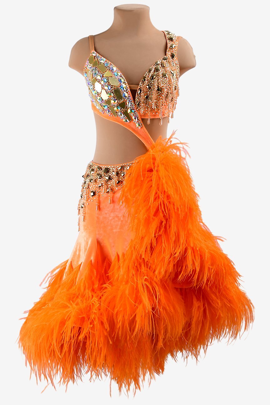 Vitality orange Latin dress with gold mirror stones, beadings, feathers, AB stones & sew-on crystals image 0