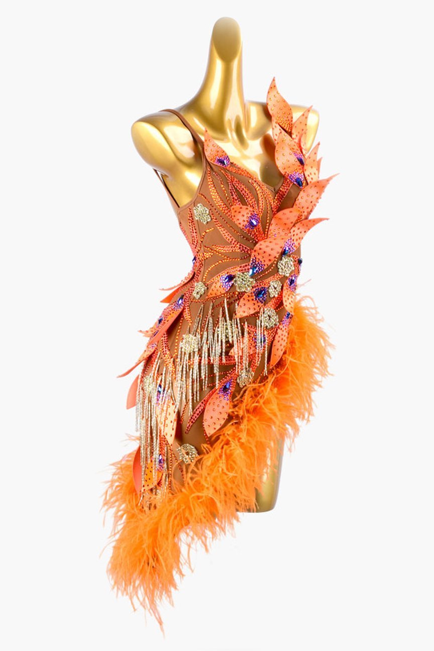 Sun oranger mesh Latin dress with rhinestone applique, beaded fringes, feathers & crystals image 1