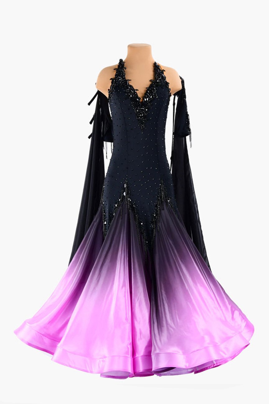 Black Standard dress with with shaded bright pink pearl chiffon underskirts, rhinestones & beaded fringes image 0