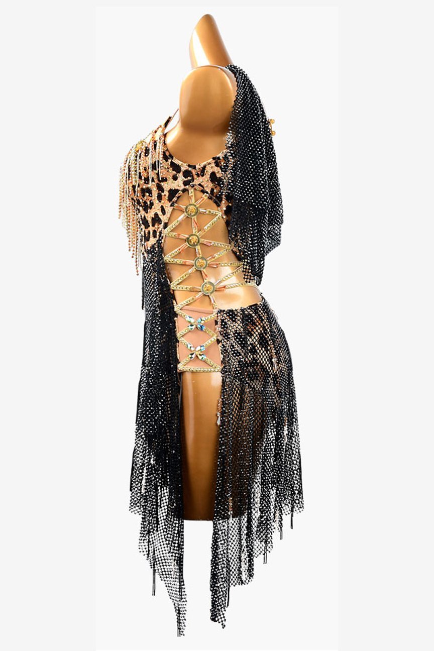 Leopard print Latin dress with black ruching crystal fishnet, AB stones, beadings & mirror stones image 2