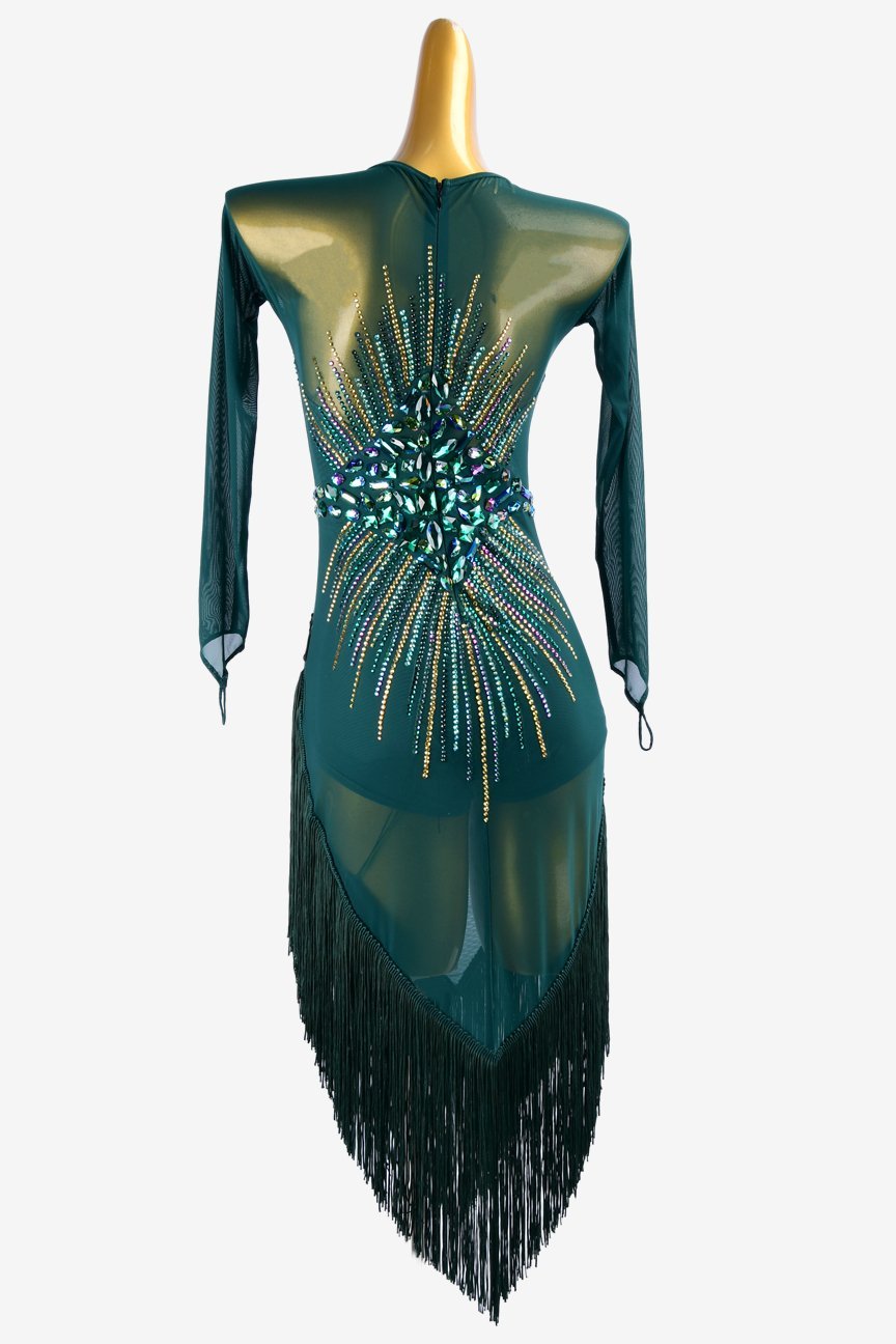Malachite green mesh Latin dress with fringes, AB sew-on stones & rhinestones image 3