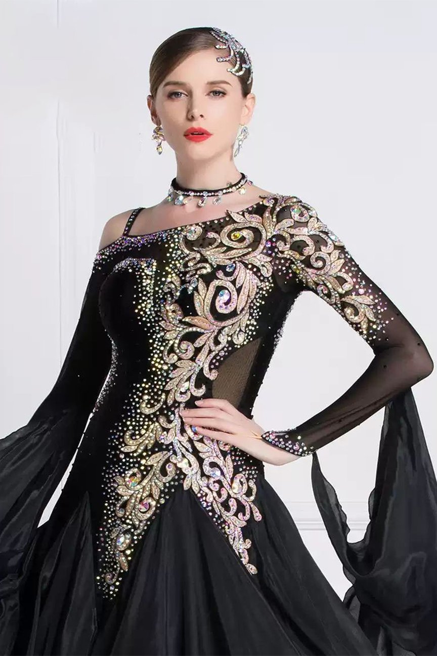 Bailebelle Fashion Rhythm dance modern waltz dance skirt high-end social national standard performance competition dress big swing dress new pearl silk Black image 4