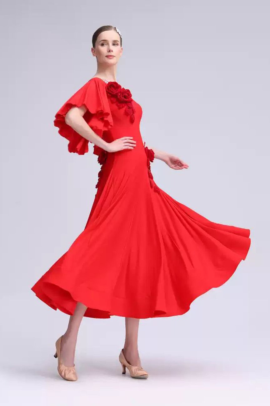 Bailebelle Fashion professional national standard modern dance one-piece practice dress with appliques and diamonds, large swing skirt customization Red image 3