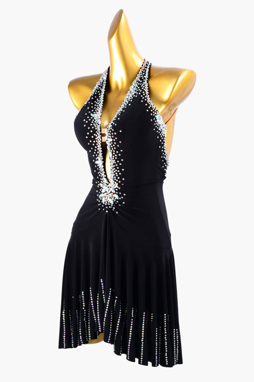 Black stretch crepe draping & ruching Latin dress with AB crystals & sew-on stones image 2