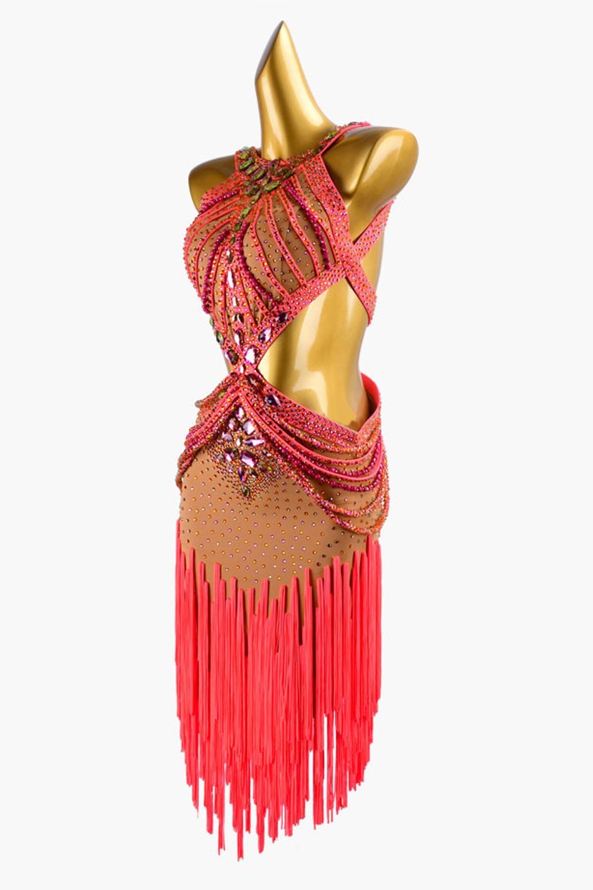 Fleshtone lycra Latin dress with oranger red stone string, fringes & rhinestones image 2