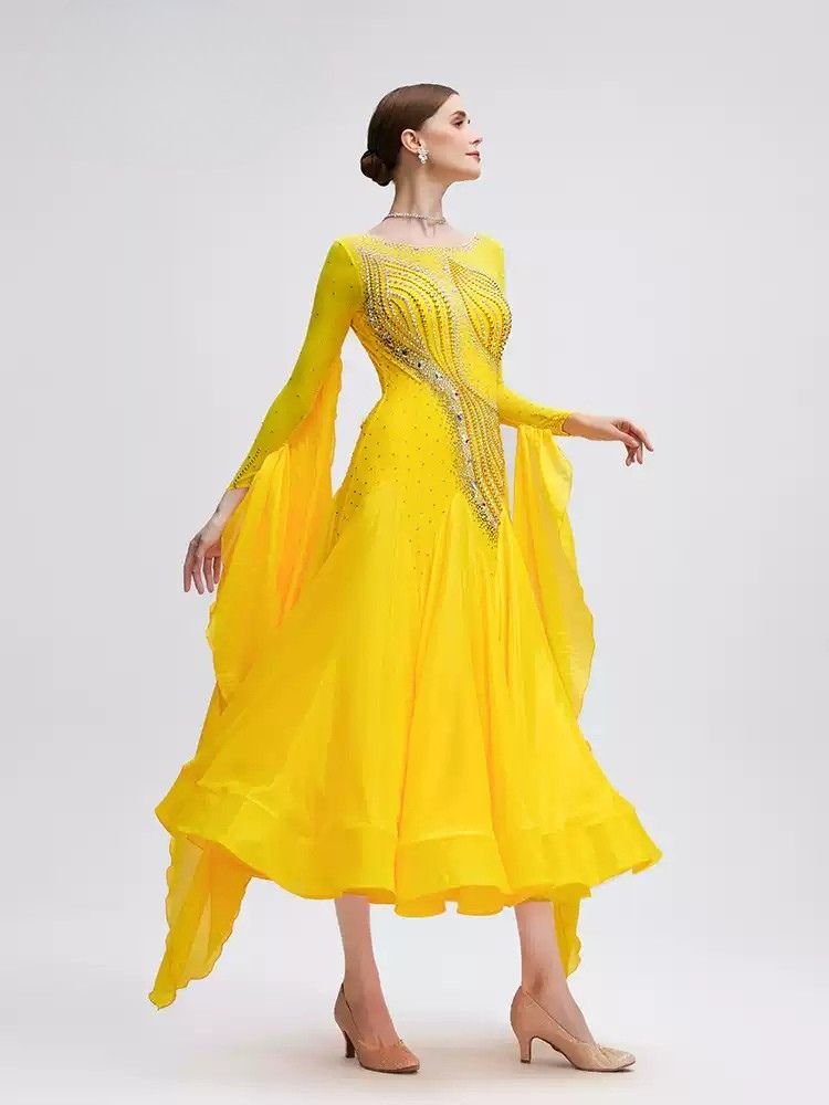 Bailebelle Fashion Professional custom national standard modern dance performance dress ballroom dance waltz dress Yellow image 2